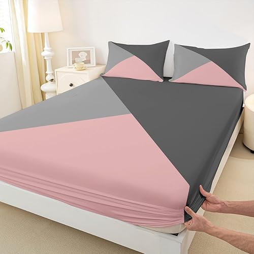Miniatura 4 de Erosebridal Juego de ropa de cama rosa y gris para niñas, mujeres y niños, sábana bajera ajustable de triángulo geométrico, color rosa, gris claro,