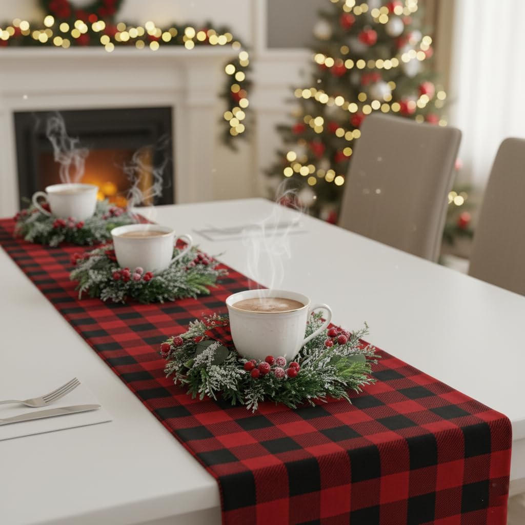 4 Pcs 9.5 Mini Christmas Wreath for Cabinets, Christmas Wreath for Kitchen Decor, Mini Wreaths with Ribbon and Cherry, Door or Kitchen Decor