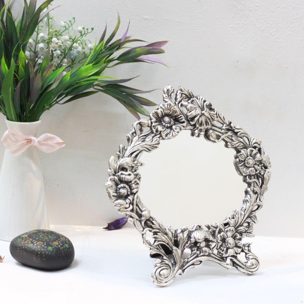 KALICO Vintage Floral Vanity Mirror, Silver-Plated Stand, Decorative Table Mirror with Ornate Frame-image-39