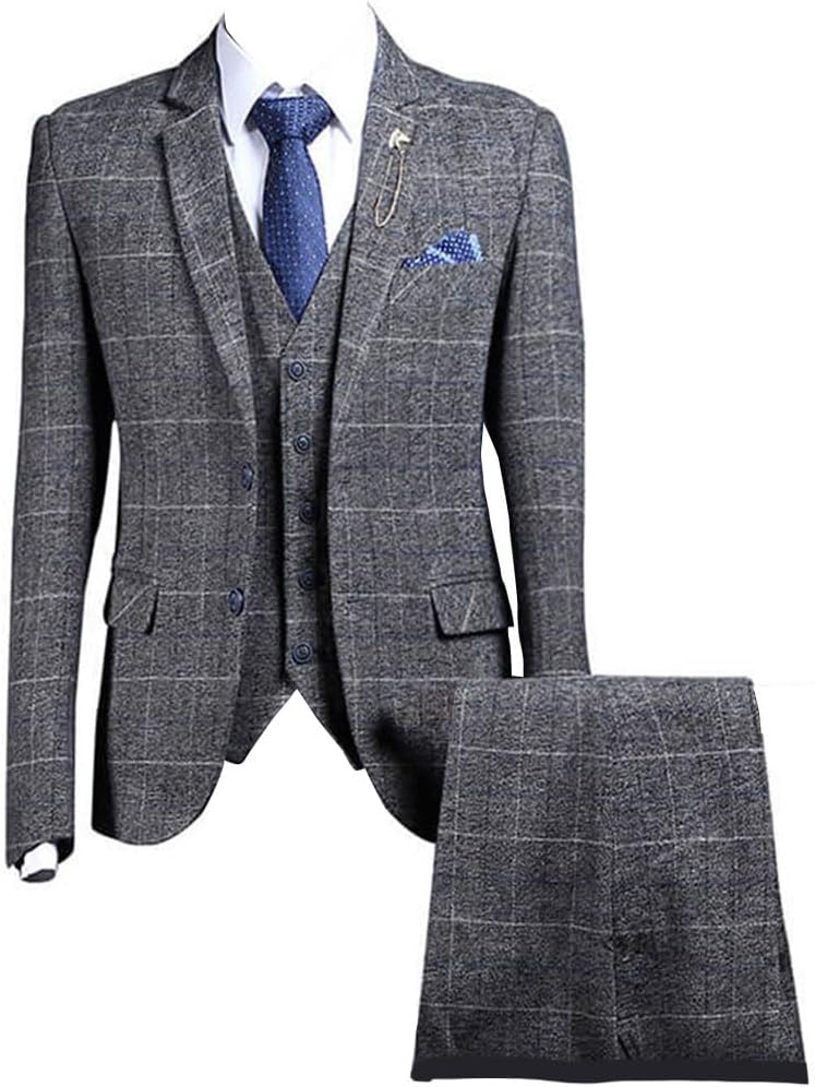 Plaid Gray Tweed Herringbone Men Suit 3 Pieces Two Buttons Single Breasted Blazer