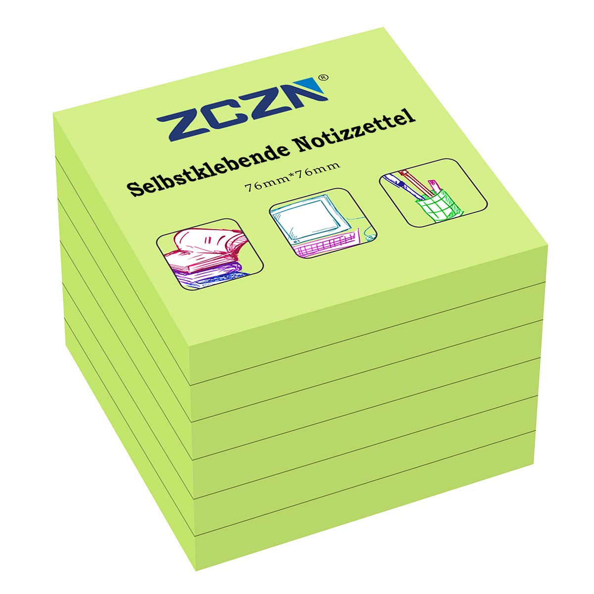 ZCZN Sticky Notes 76 x 76 mm, 6 Pads, 80 Sheets/Pad, GreenThe Forest Stewardship Council