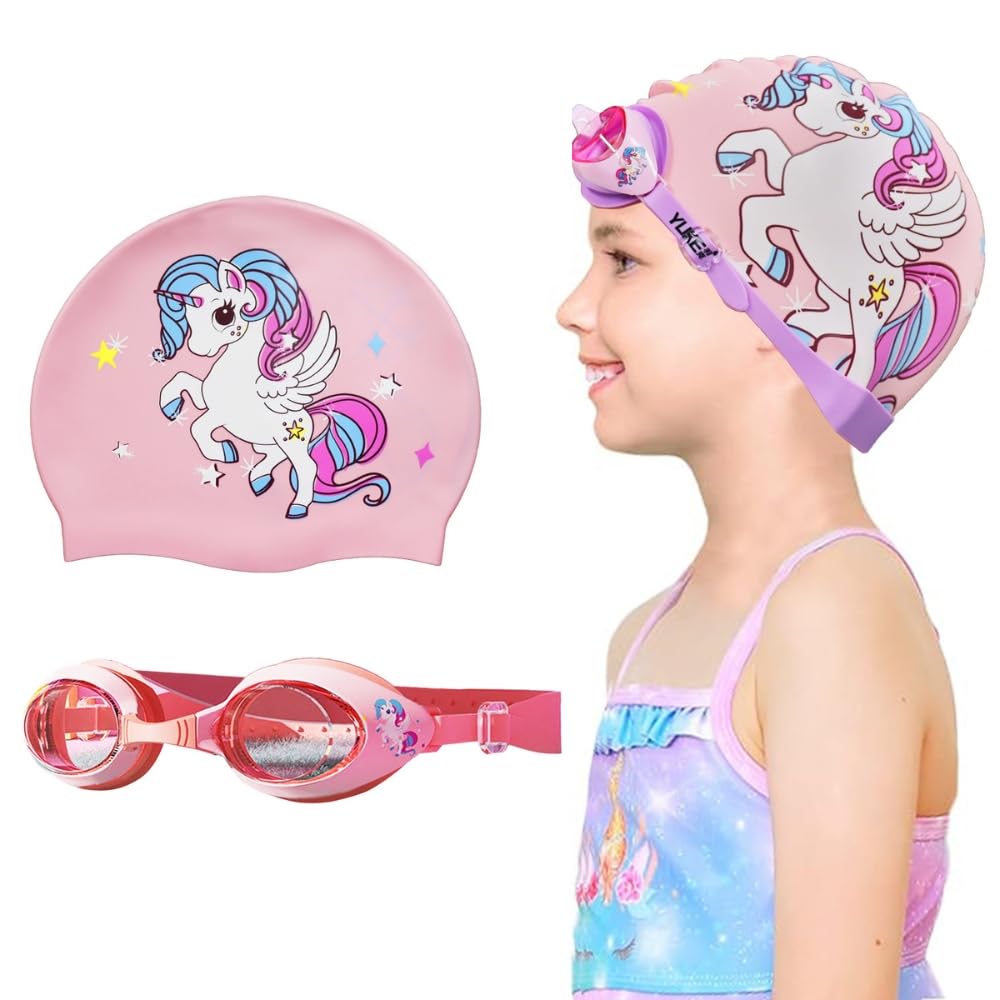 Crazybean Gorro Silicona Natacion con Gafas Natación Ajustable para Niños Niña Niño Touca Natação