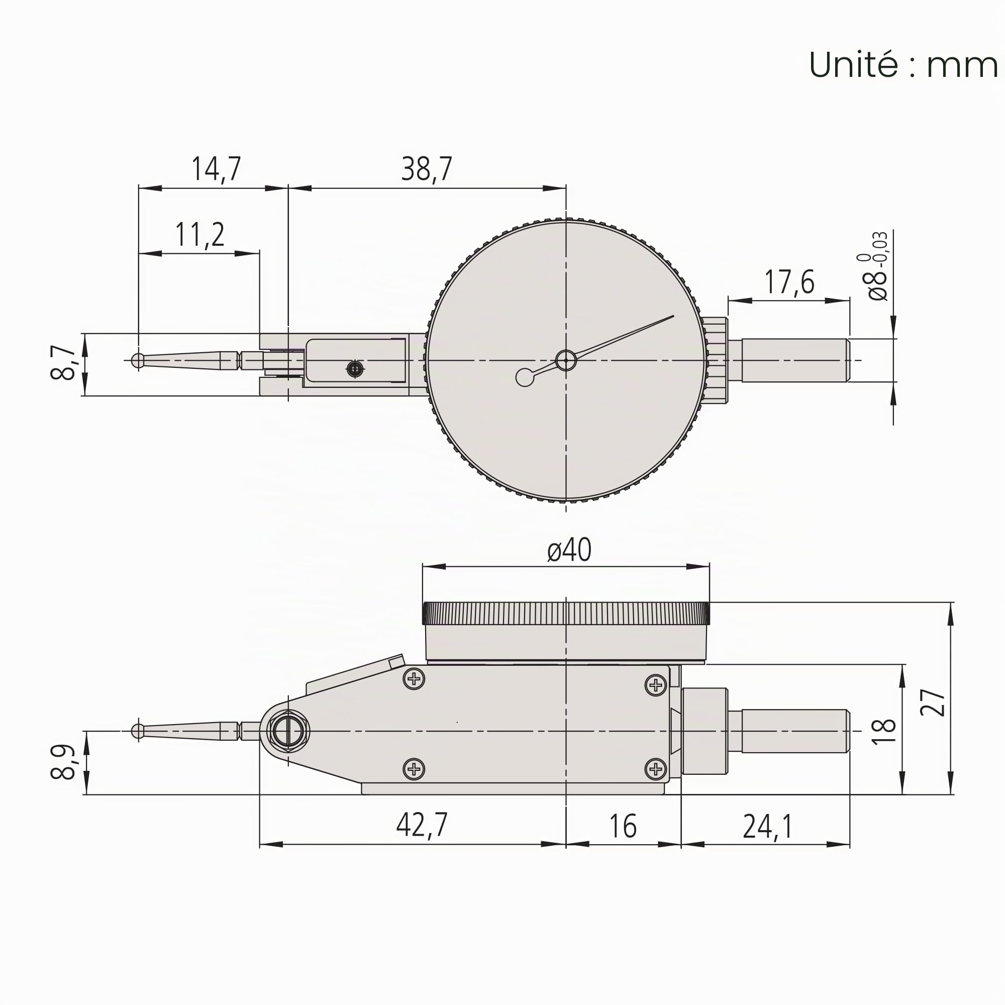 Mitutoyo Comparateur à palpeur orientable, modèle horizontal | 0,01 mm, points étroits, coffret