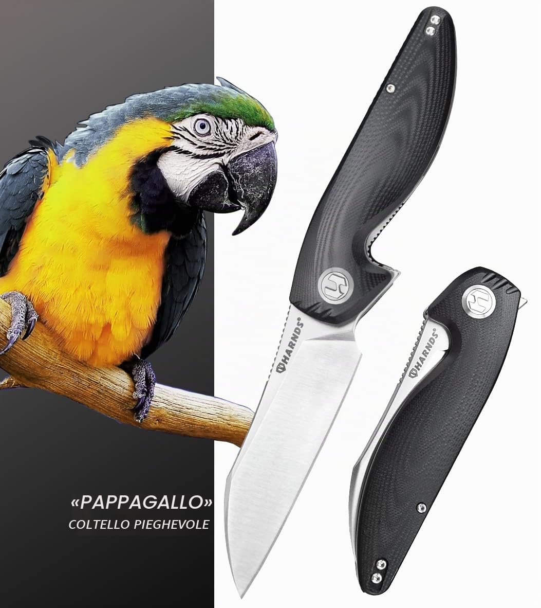 HARNDS Parrot Premium Coltello pieghevole con lama Sandvik 14C28N da 3,58" e manico in G10 con clip, chiusura con liner per l'EDC e il campeggio all'aperto. (Nero)