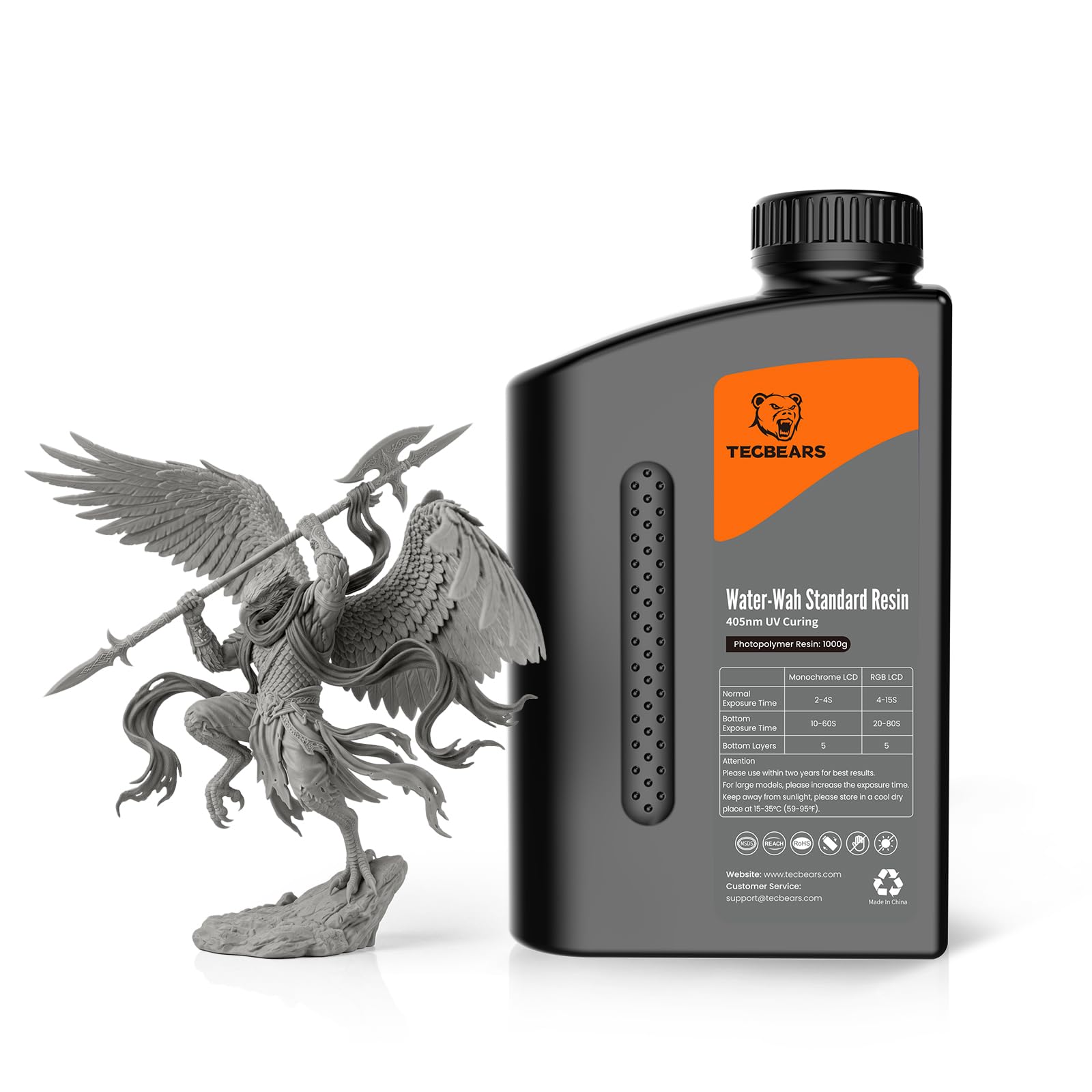 TECBEARS Resina Lavable Con Agua, Resina Para Impresoras 3d Lavable Con Agua, Resina Uv De 405 Nm, FotopolíMero RáPido, Bajo Olor, Para Impresoras 3d 4k/6k/8k Lcd/Dlp/Sla, PrecisióN, Gris, 1000g