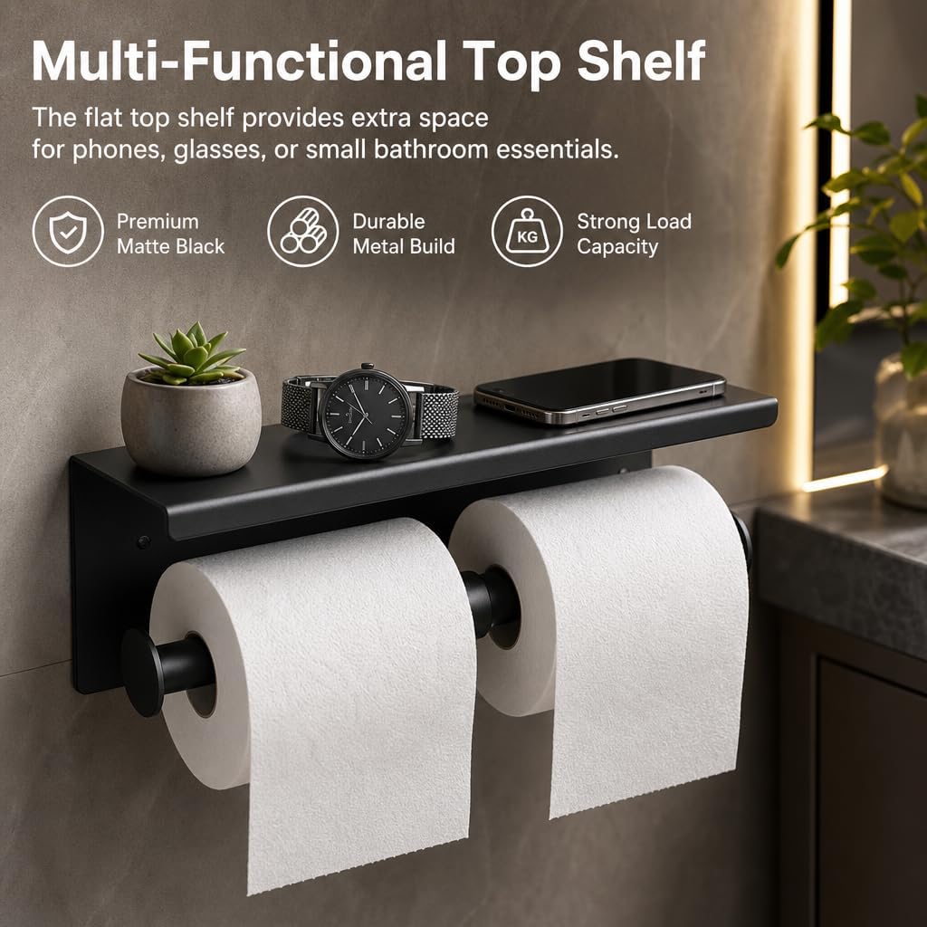 Double Toilet Paper Holder,Stainless Steel Toilet Tissue Roll Holder with Shelf,Toilet Paper Holder Wall Mount for Bathroom Cell Phone Rack,Matter Black
