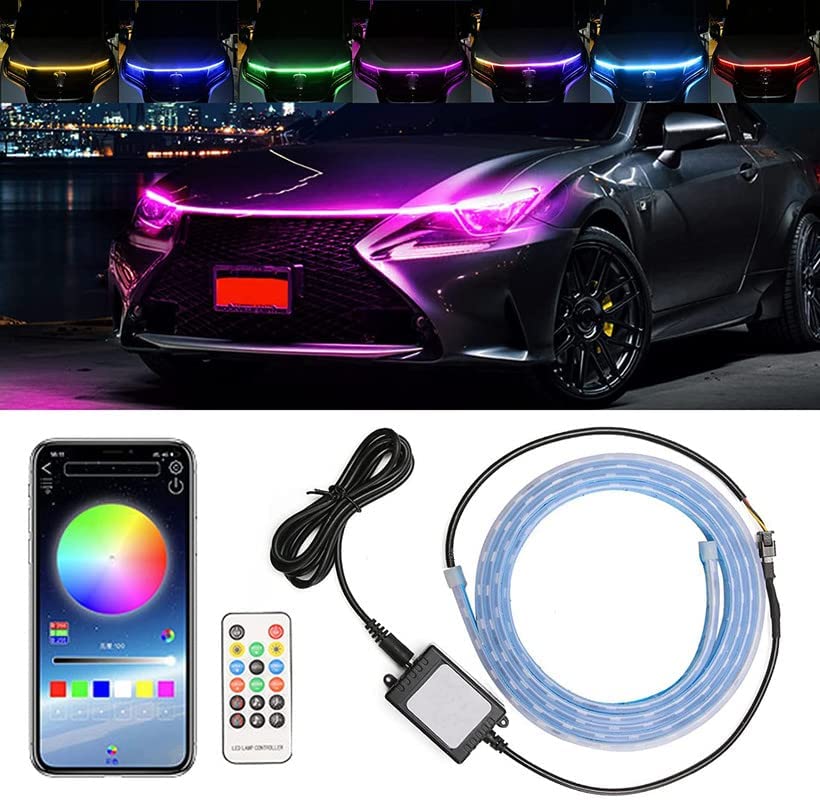 New Multicolor LED Hood Light Strip for Cars - Flexible Waterproof, APP and Remote Control | Interior LED Lights | Under 1300