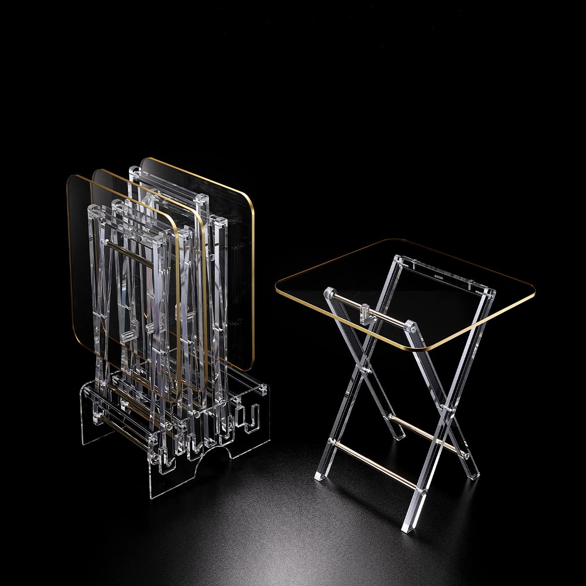 Vague Acrylic 4 Square Classic Design Coffee Tables With Stand Set, Transparent/Gold