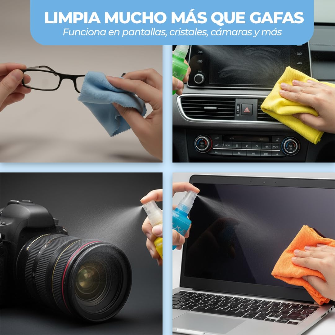 SUUM Pack 3 Spray Limpiador de Gafas con Paño de Microfibra - Spray con para Lentes Limpios y sin Vaho para Cristales y Pantallas - Limpia Gafas (Menta, Limón y Manzana)