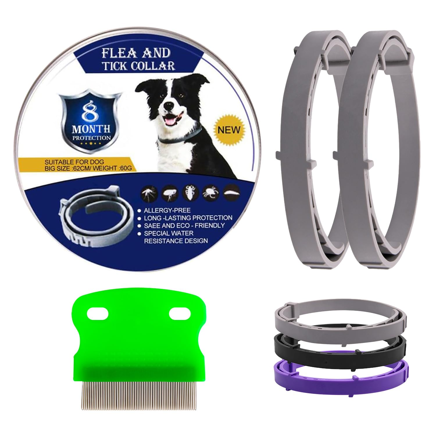 LUSARIS - Pack 2 Collar Antiparasitario Perros + Peine Antipulgas - Collar Antipulgas Perros con 8 Meses de Protección contra Garrapatas y Pulgas - Collar Perro Antiparasitario Talla Única