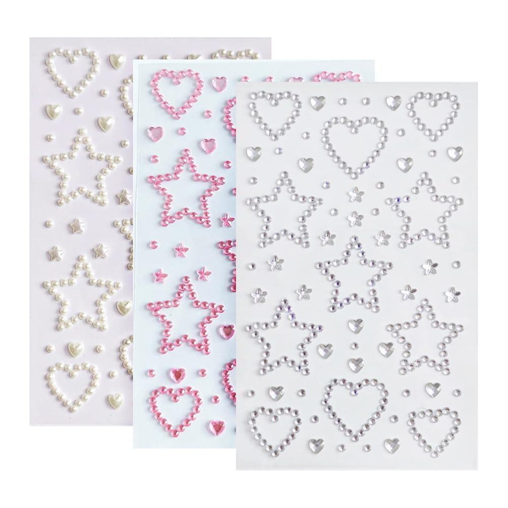 Hugede Pink White Silver 3 Sheets Star Heart Rhinestone Stickers Self Adhesive Rhinestones Small Stick On Gemstones Makeup Face Gems Bling Jewels Stickers Body Crystal Jewels Sparkle Hair Gems For Decoration