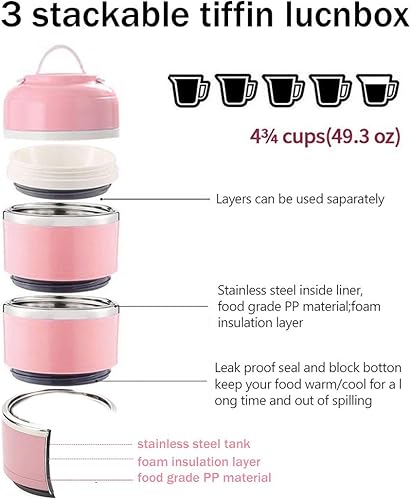 Miniatura 3 de Tiffin - Lonchera de acero inoxidable con aislamiento de 3 capas para transporte de alimentos calientes contenedor de acero térmico apilable a