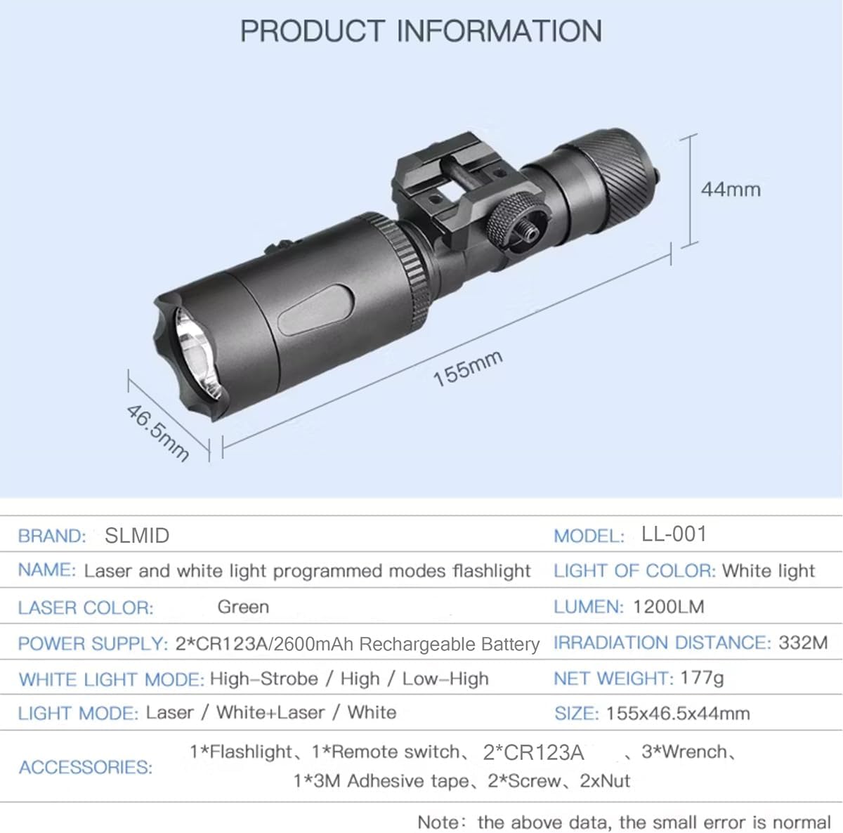 Laser Light Combo, 1200 Lumens Tactical Flashlight with Double Pressure Switch, 3 Programmable Modes, Green Beam Sight and Picatinny Mounted