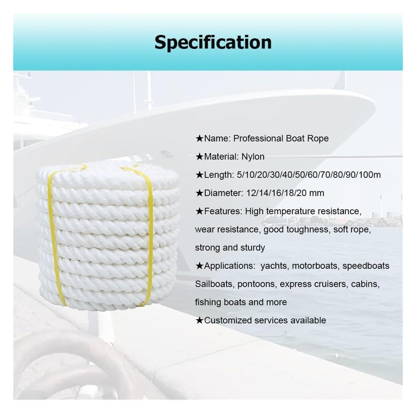 Corda intrecciata in nylon per ormeggio, Cime di ormeggio for barche in nylon 5-100 m 12-20 mm(18mm,10m)