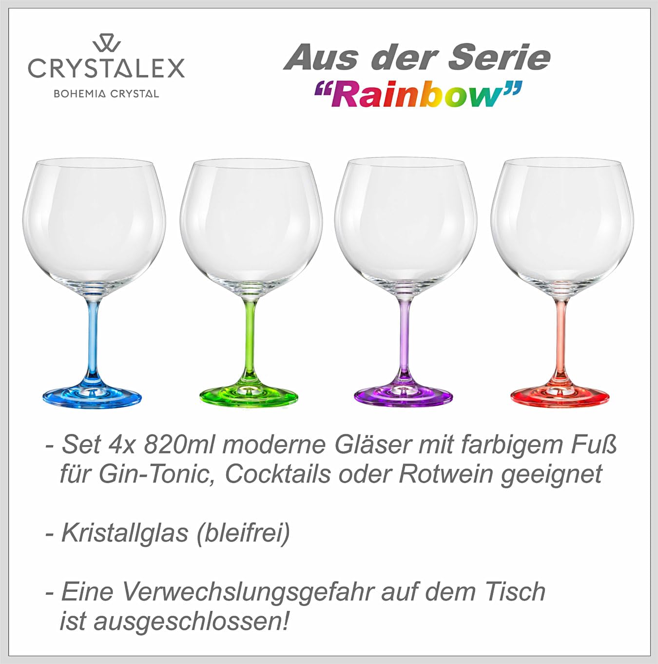 Set 4 große Gläser (4x820ml) mit farbigen Stielen aus der Serie „Rainbow" für Gin-Tonic, Cocktails oder Rotwein, Kristallglas