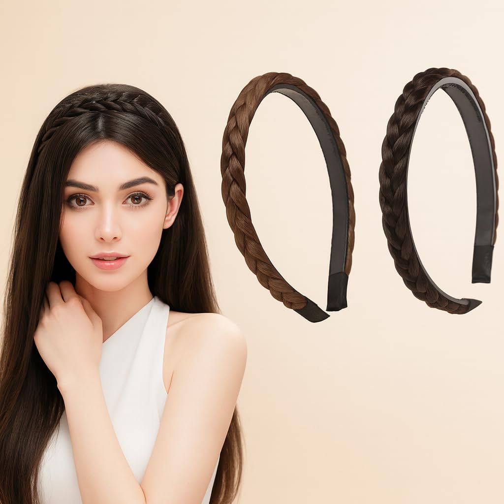 PACTIV 2 Pcs Headband With Synthetic Braided Hair - Plaited With Teeth for Women and Girls - Hair Accessories Band Hoop Hairpieces (Black, Brown)