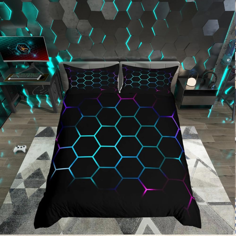 Loussiesd 132115, Juego de funda de edredón infantil con diseño geométrico de panal 3D, estampado hexagonal, morado, azul, verde azulado y negro, 2 piezas, tamaño individual, multicolor
