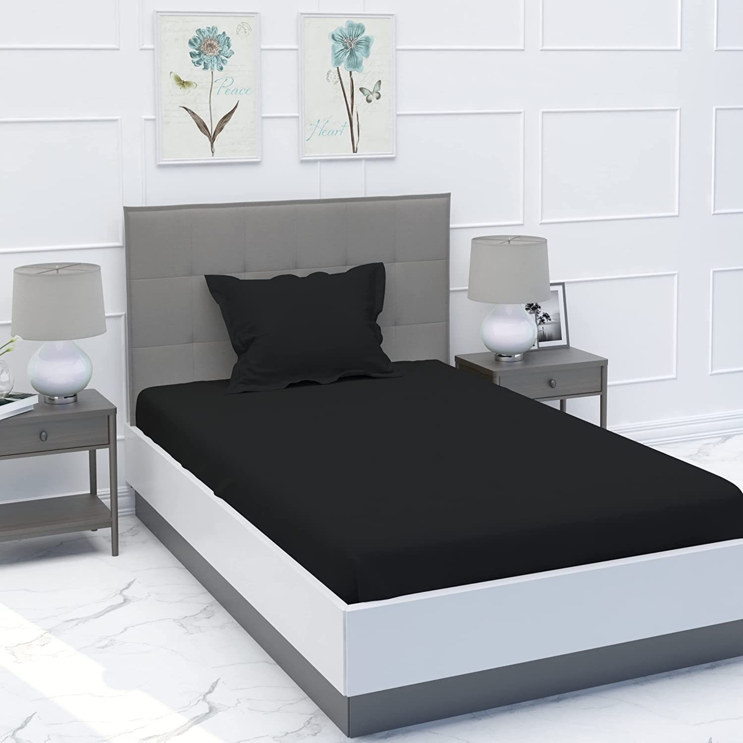 BELVOSTUM Homes Soft 186 TC Cotton Solid Bedsheet for Single Bed with 2 Pillows Covers 90x100, Inches (Black)