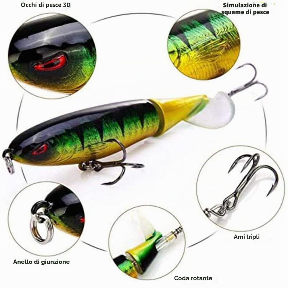 Set di esche da pesca Topwater, 6 pezzi, in plastica Whopper galleggiante con coda rotante per pesca con esche rigide per acqua dolce e salata
