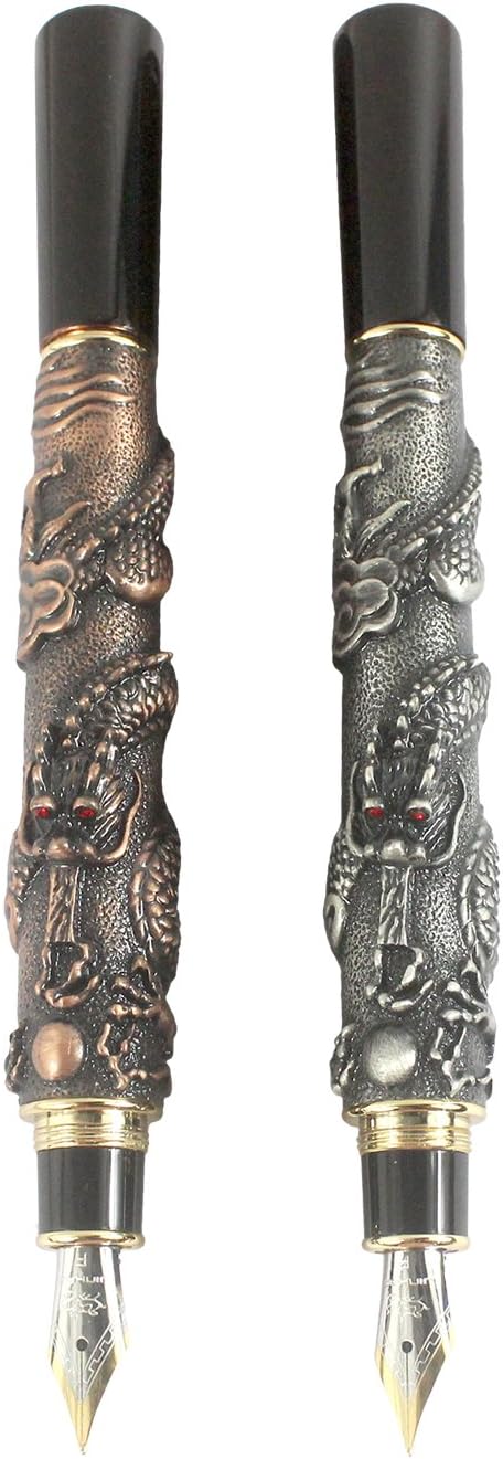 2PCS Fountain Pen Set, 3D Eastern Dragon Metal Pen, Medium Point(0.5MM), Ancient Silver & Red Copper