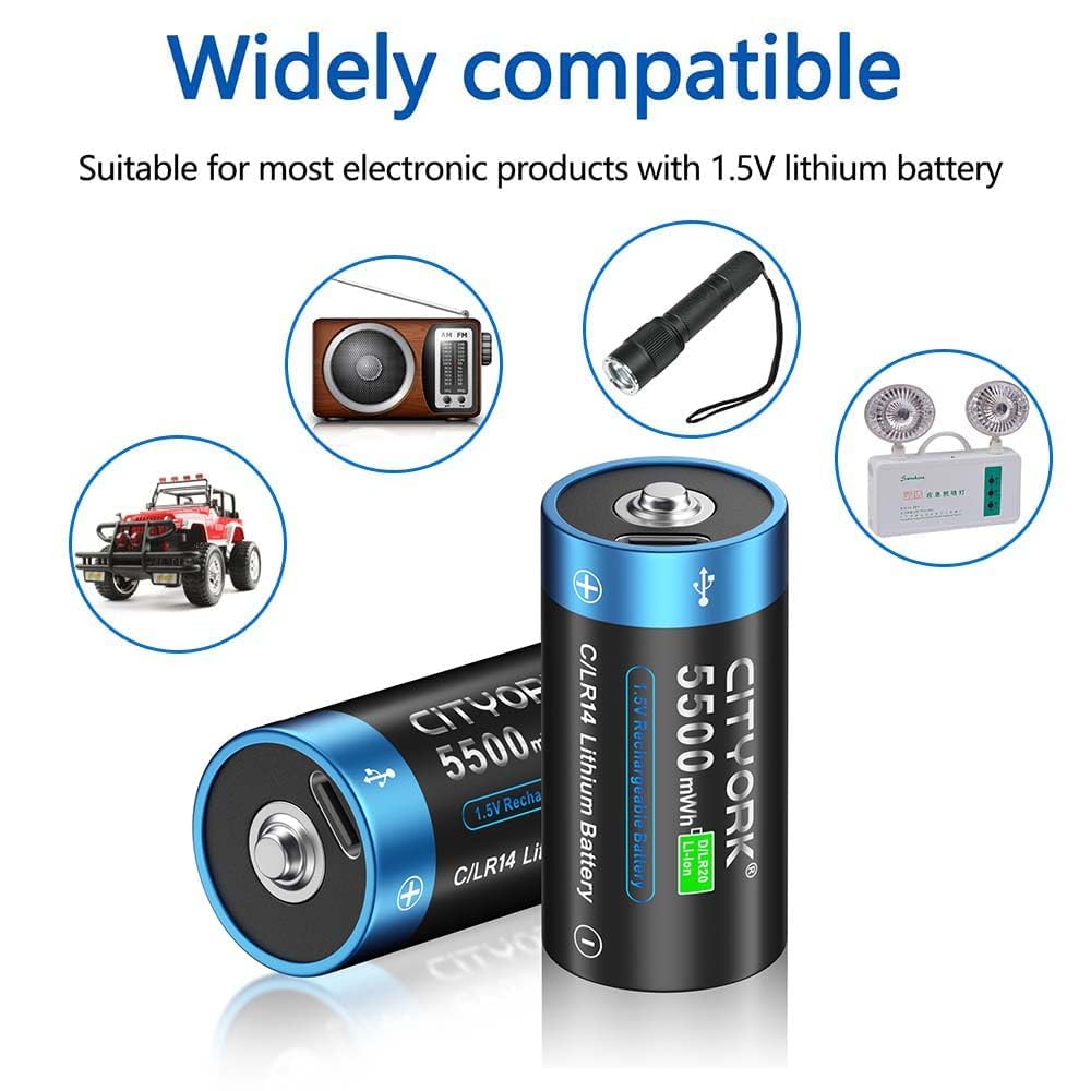 CITYORK Lot de 8 batteries rechargeables Baby C 5500 mWh 1,5 V avec USB-C - Batterie lithium-ion LR14 C - Charge en moins de 2 heures - Plus de 1000 cycles - Avec câble de charge de type C -