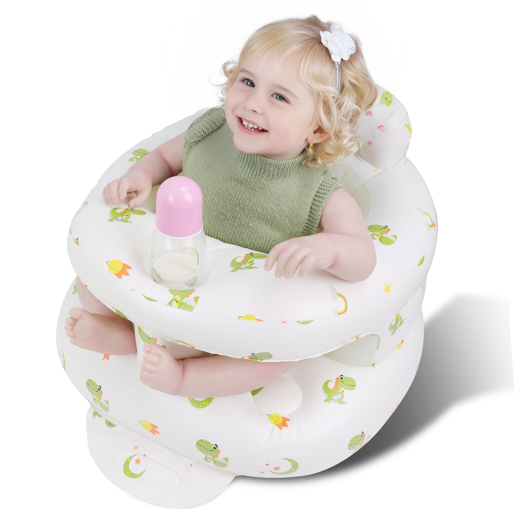 Asiento inflable para bebés de 3 a 36 meses, con bomba de aire incorporada, material de PVC, protección total, ideal para viajes al aire libre, dinosaurio verde.