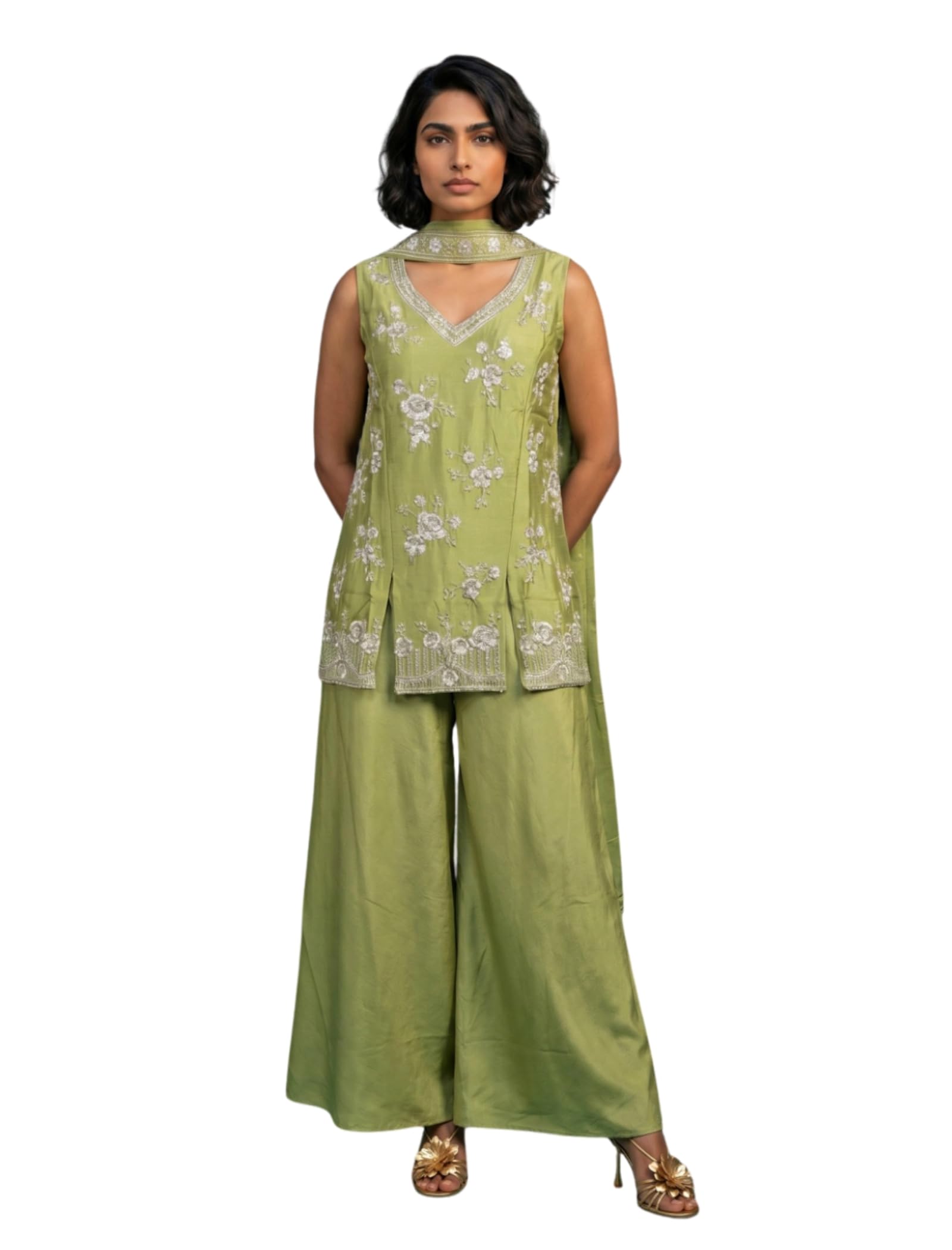 naixa Women's Lavender Chinon Silk with Beads Embroidered Straight Kurta with Chinon Silk with Sharara Lavender Chinon Embroidered Dupatta Set | Sleeveless | V-Neck | Festive Suit-picture-2