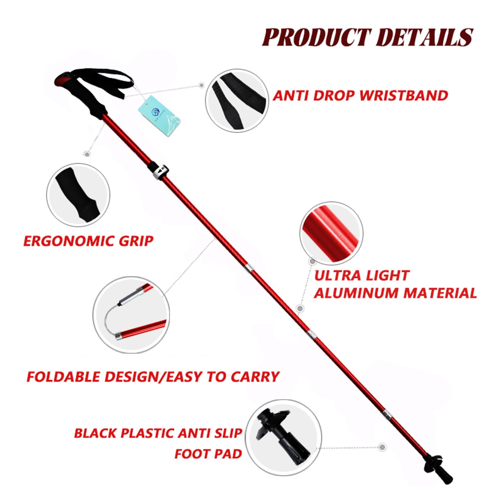 OKHEALING Bastones de senderismo (2 ps), telescópicos, plegables, de aleación de aluminio, ligeros y duraderos, adecuados para senderismo, senderismo y escalada (110-135 cm)