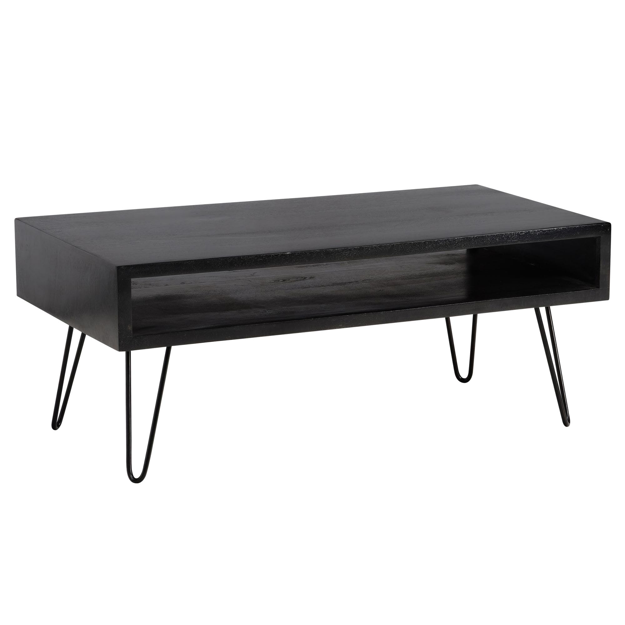 FineBuy Couchtisch 100x50x40 cm Mango Massivholz Schwarz, Hairpin | rechteckiger Wohnzimmertisch mit Ablagefach, Sofatisch aus Echtholz, handgefertigt, jedes Stück ein Unikat