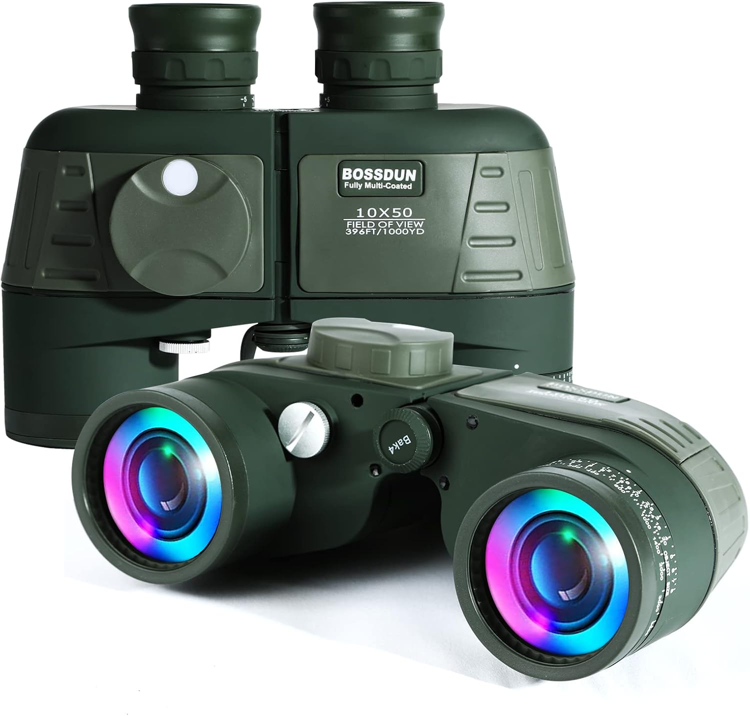 Prismáticos Militares Marinos 10X50 para Adultos, Binoculares Impermeables con Telémetro Brújula BAK4 Prism Lente FMC para Observación de Aves Caza Canotaje Camping (Green)
