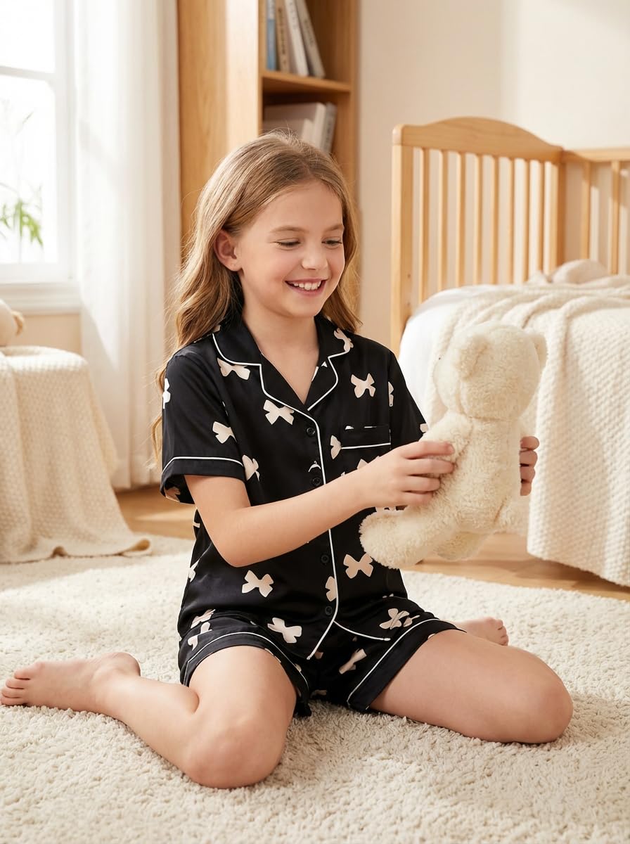 JiAmy - Pijama de manga corta para niñas, pijamas de verano de satén para niños, 2 piezas, ropa de dormir con botones, estampado de lazo de 8 a 12 años