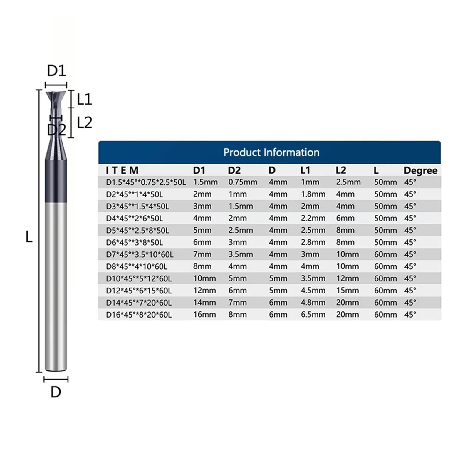 Frez do jaskółczego ogona 45 stopni, frez z węglika wolframu, narzędzie do obróbki stali 1,5-16 mm, frez trzpieniowy do metalu(D12x45x6x15x60)