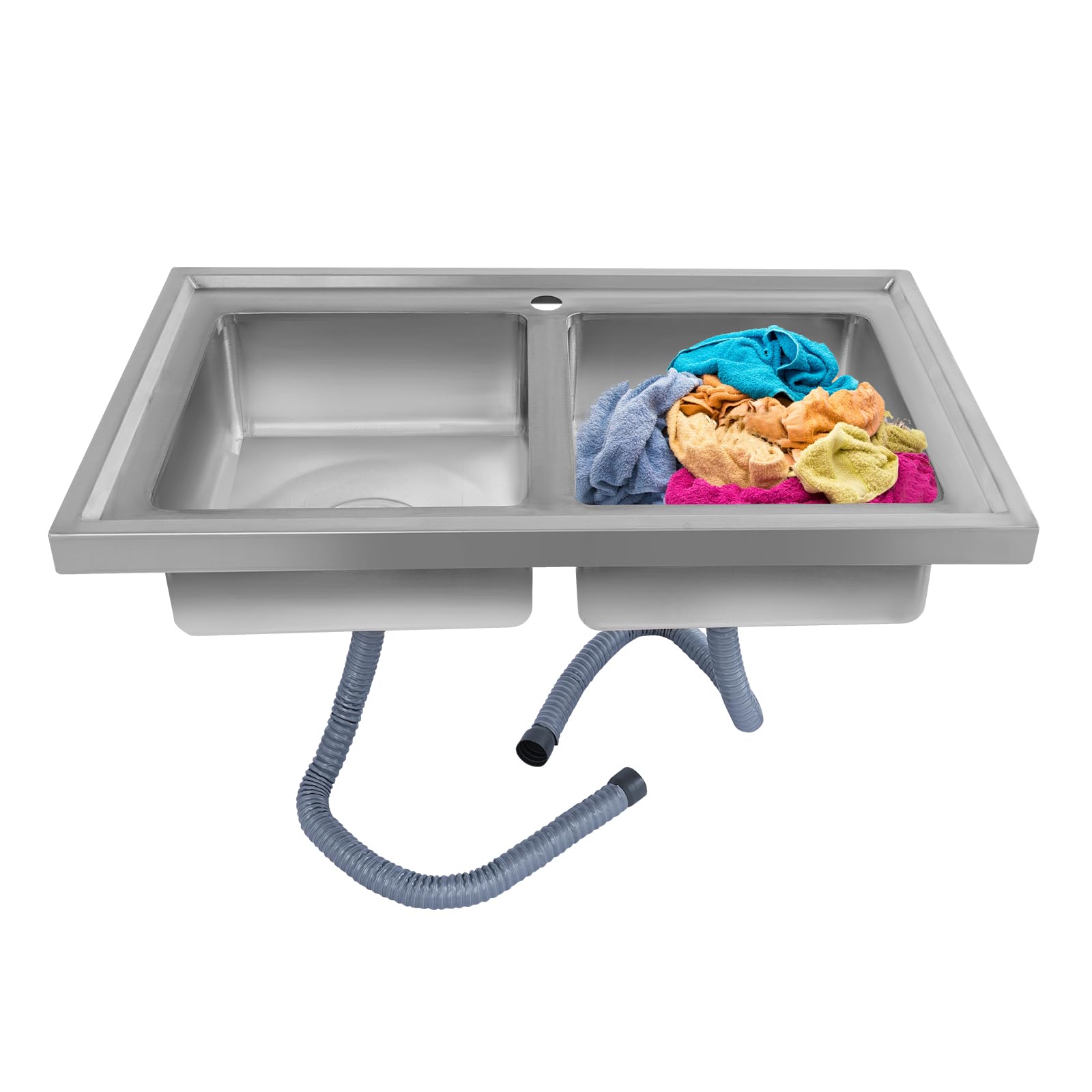 OUKANING Fregadero doble de acero inoxidable 201, 80 x 50 cm, doble fregadero de cocina con borde alto, empotrable con rebosadero, colador de desagüe, resistente a arañazos e inoxidable, para cocina