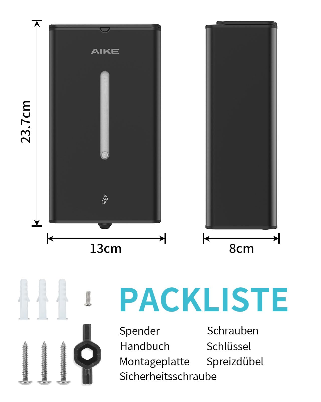 AIKE Square Automatischer Seifenspender Für Flüssigseife, 1000 ML Wandmontiert, Edelstahl-Optik, AK1207