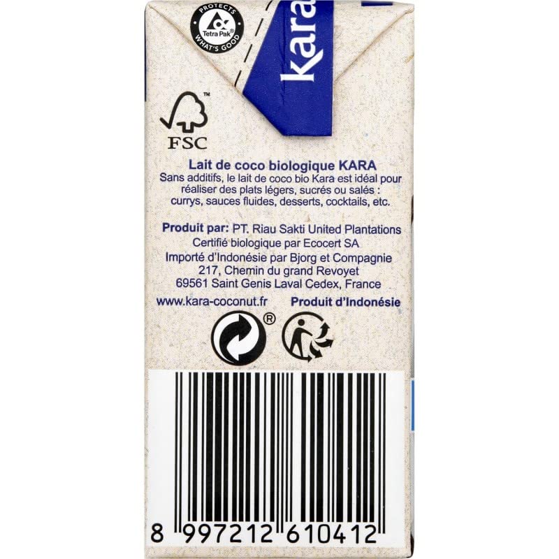 KARA Lait de Coco Bio - Brique de 200ml - Saveurs exotiques de l'Asie - Idéal pour cuisiner des plats authentiques. - Lot De 6 - Vendu Par Lot