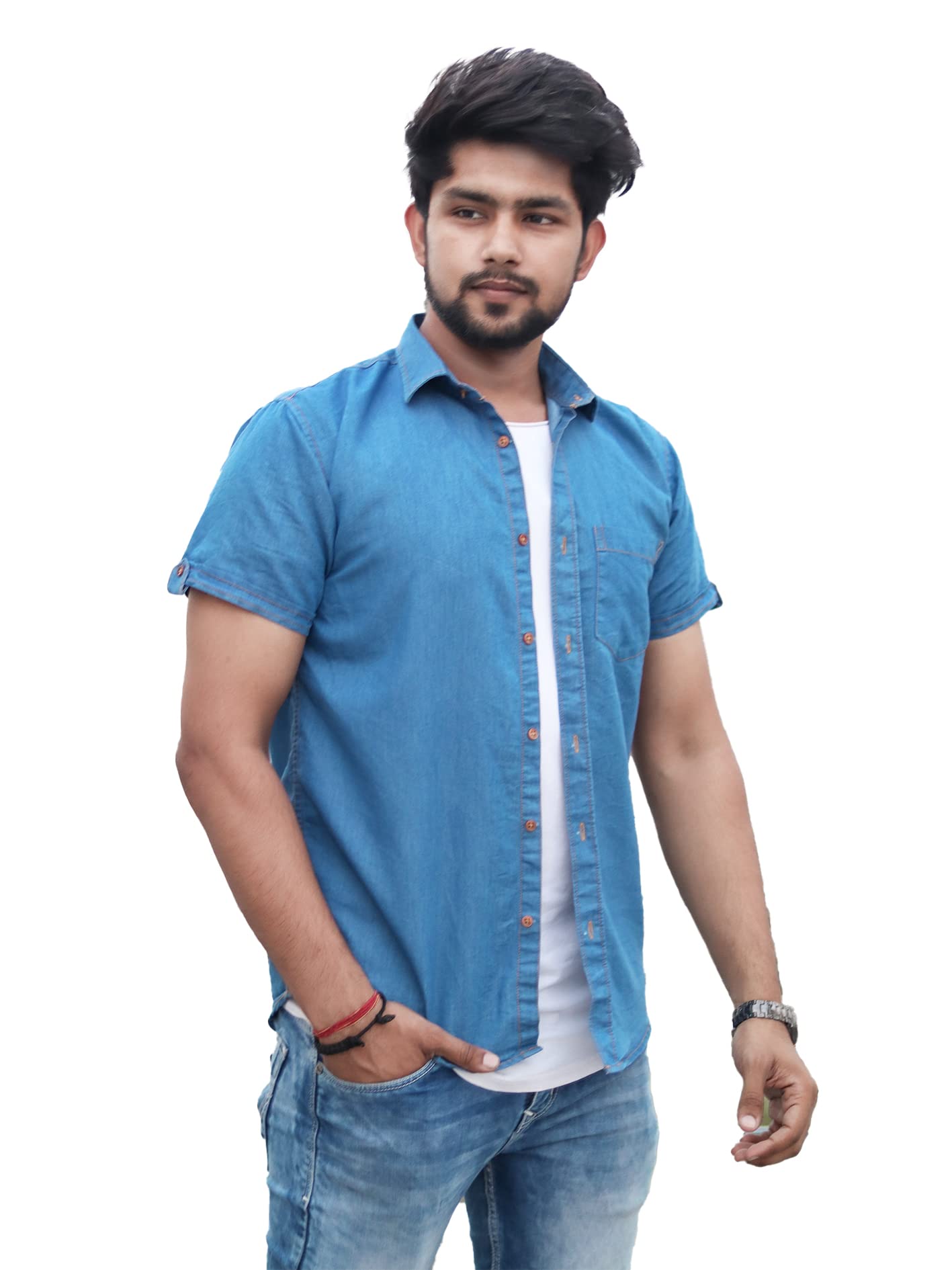 Devils FashionMen's Denim Slim Fit Casual Shirt (Light Blue, Large)