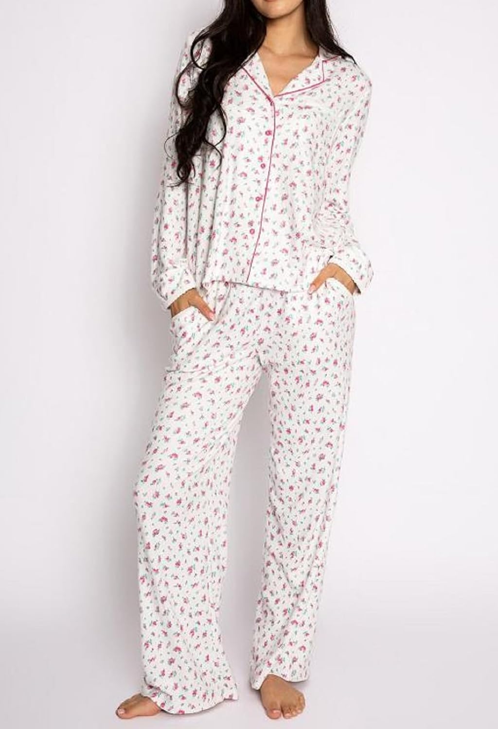 Women XL Y2k 2 Piece Floral Pajamas Button Down Long Sleeve Wide Leg Lounge Set Cute Pjs Loungewear Sleepwear