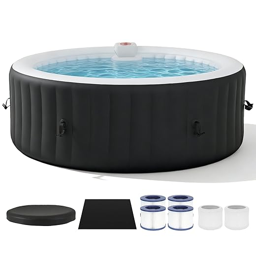 71" Inflatable Hot Tub 4 Person, Round Portable Outdoor Spa with 120 Soothing Air Jets, Heater Pump, Insulated Cover and Filter System, Blow Up PVC Hot Tub for Backyard, Patio, Black