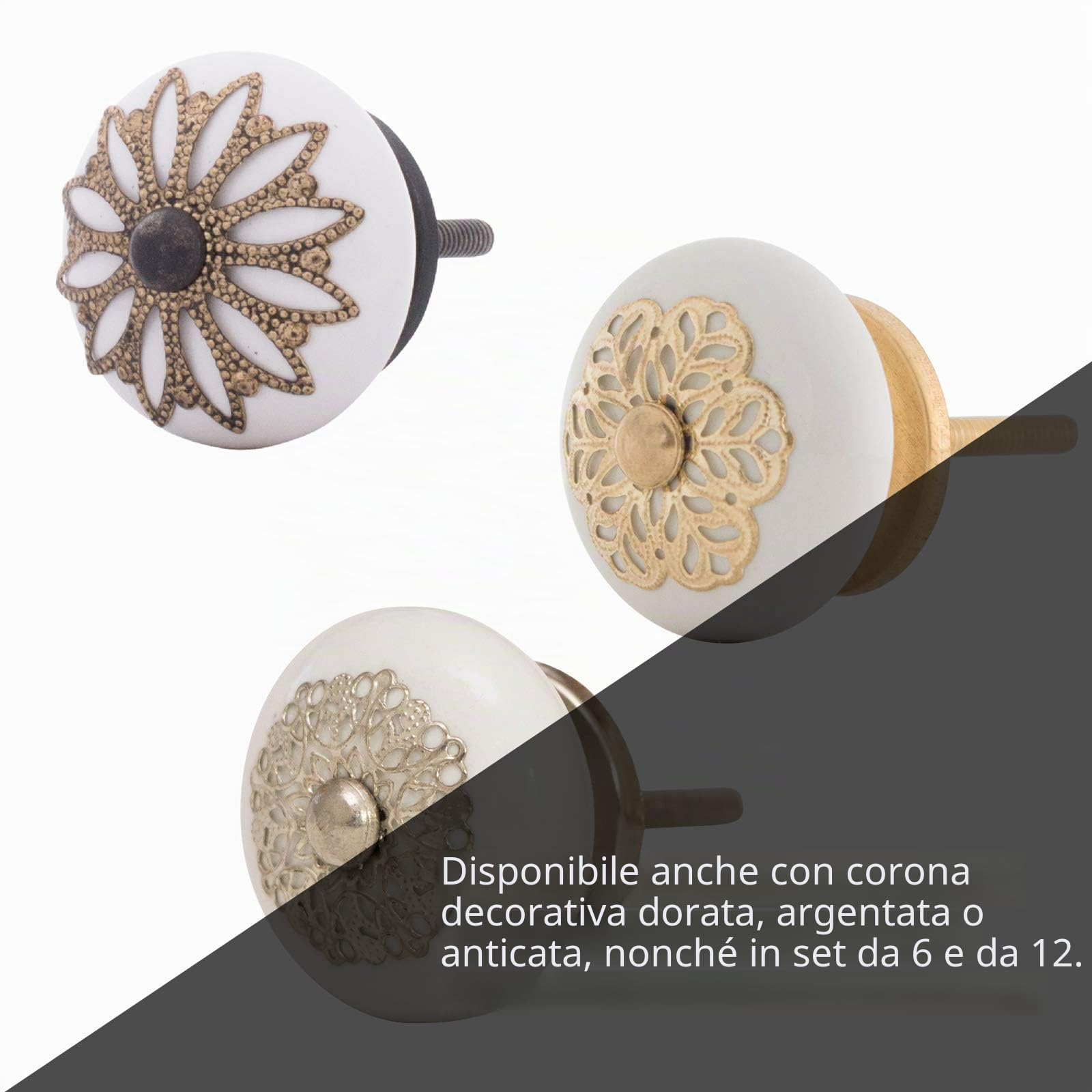 Pomelli per mobili in ceramica bianca e porcellana, 40 mm, stile rustico, shabby chic, pomelli per ante (04. argento, set di 12 pezzi)