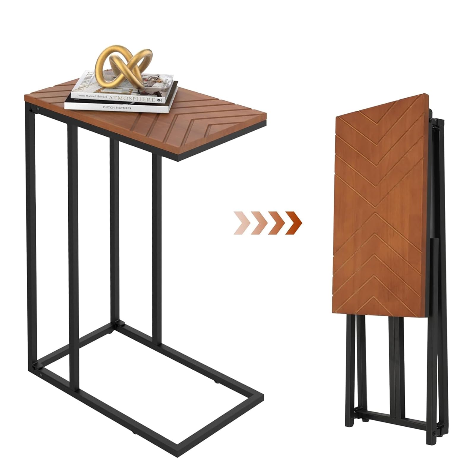 RiteSune Foldable C Shaped End Table Solid Wood, Side Tables Slide Under Couch for Living Room Bedroom, Snack Laptop Tables Accent Table for Small Space, 26.5"×17.5"×10"