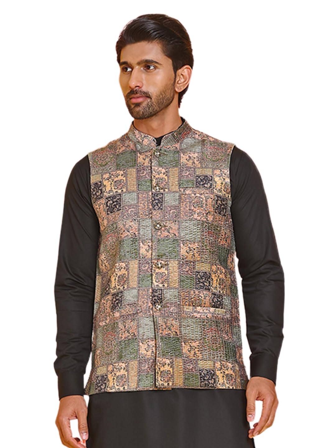 jompers Printed & Sequins Velvet Nehru Jacket for Men (Peach, M)-picture-12