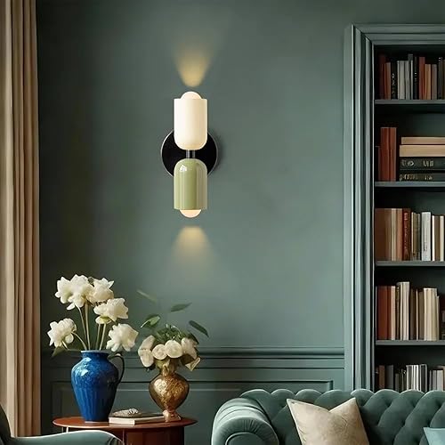 Aplique de pared vintage para baño, luces de pared de mediados de siglo, dormitorio pasillo, espejo de iluminación de pared de metal (verde y blanco)