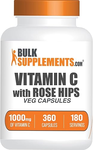 BulkSupplements,com Vitamina C con cápsulas de Rose HIPS - Suplemento de ácido ascórbico, Rose HIPS para apoyo inmunológico - Vegano, 2 cápsulas por porción (1000 mg), 360 unidades (paquete de 1)