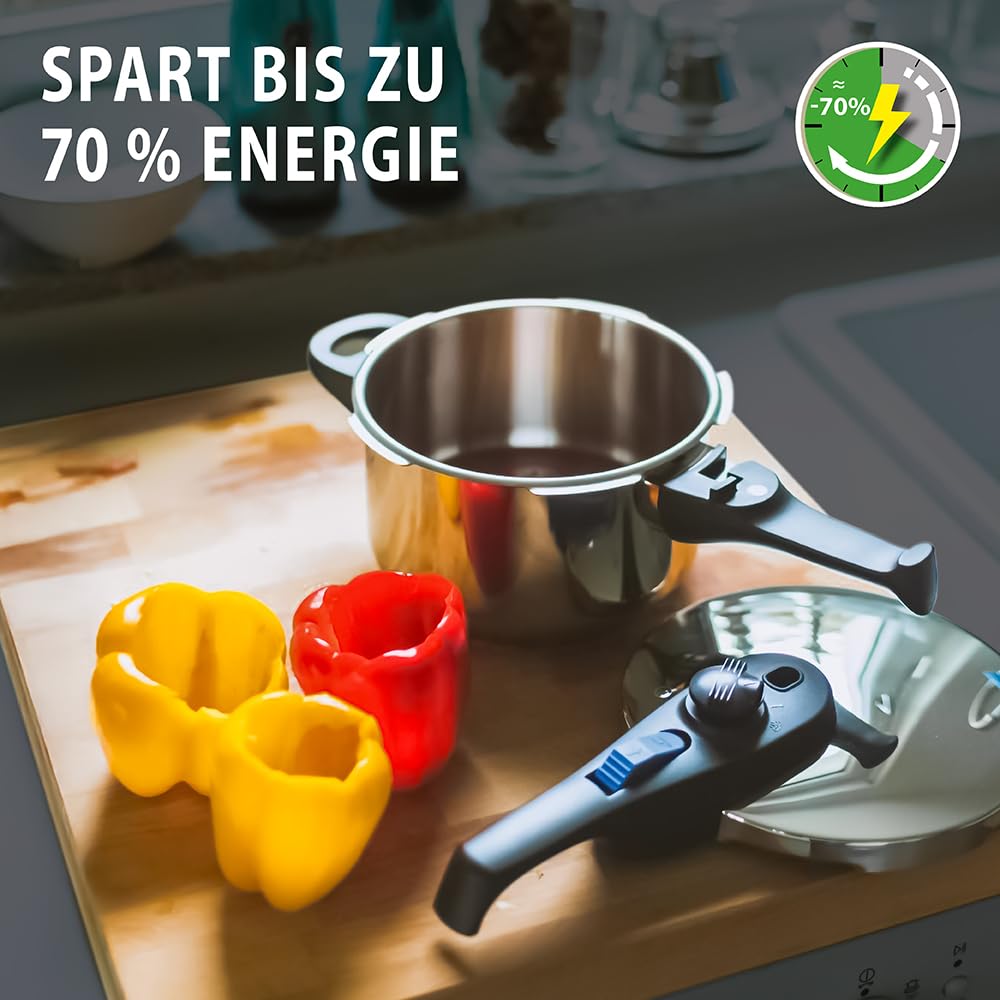 ELO Schnellkochtopf Praktika XS 18 cm, aus Edelstahl 18/10, automatisches Druckregelsystem, schonendes Garen, starker ELO-Therm Speicherboden, mit Sicherheitsmechanismus, Schnellkochtopf Induktion | automatisches Druckregelsystem, schonendes Garen, starke