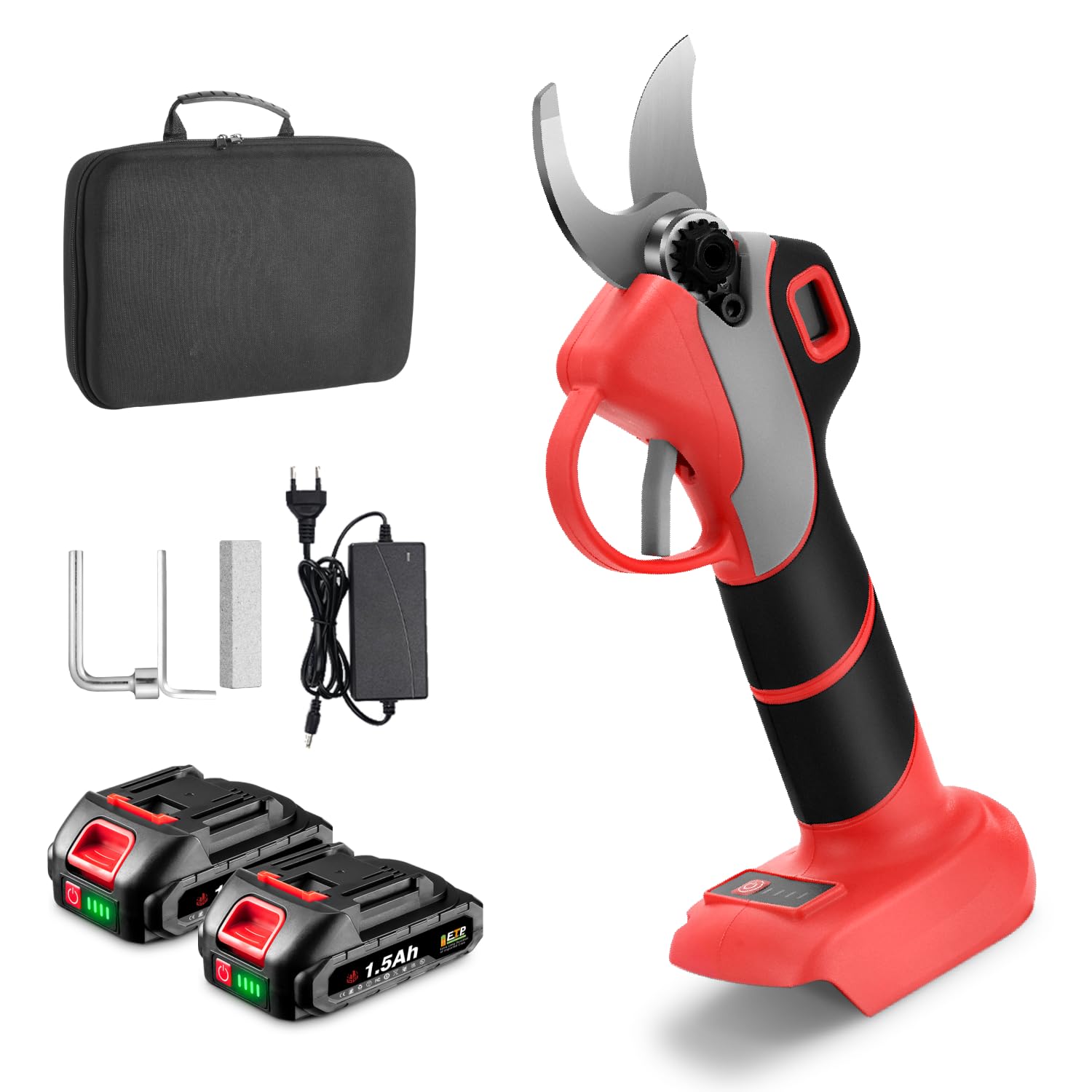 ONEVAN elagueuse sur perche, 4 en 1 coupe branche telescopique avec 2 batteries 4 Ah, mini tronçonneuse sans fil 15 cm + secateur electrique 25 mm (Rouge, Avec 2 batteries)