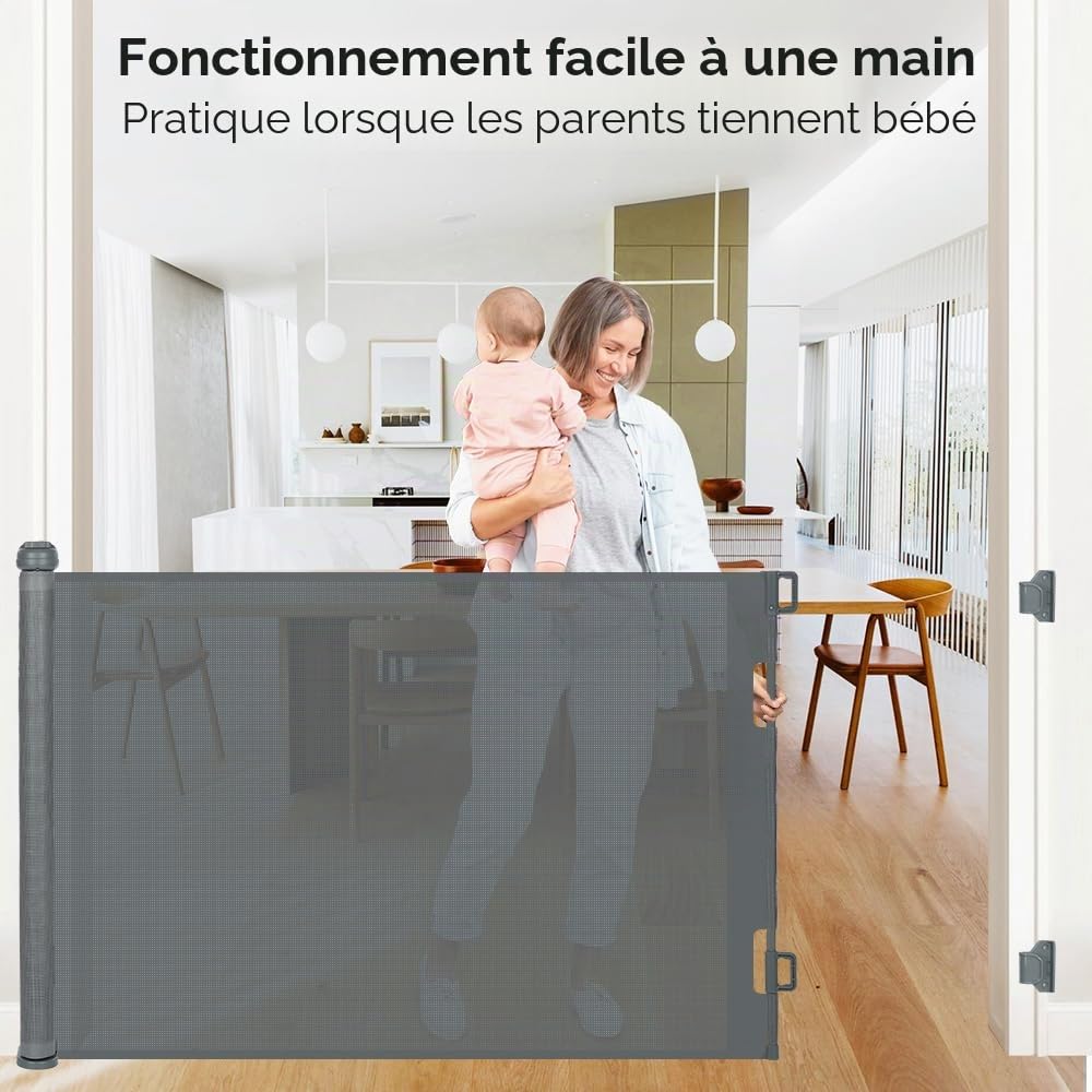 COMOMY 0 à 300cm Barriere de Securite Retractable, Barriere de Securite Enfant, Bébés,Chiens et Chats, Opération à Une Main, Gain de Place, Barrière Extensible pour Escalier/Portes/Extérieur, Gris