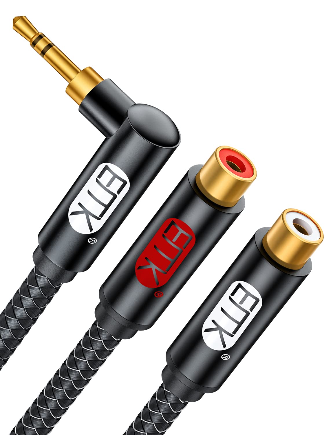 EMK 3.5mm to RCA Stereo Audio Cable - Gold Plated, 90° Aux Male to 2RCA Female, 10ft/3M - Compatible with Smartphones, MP3, Tablets, Speakers, Home