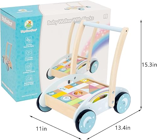 Miniatura 4 de Andador de madera para bebés de 1 año en adelante, juguetes de aprendizaje para bebés con 34 bloques de construcción, regalos de cumpleaños de