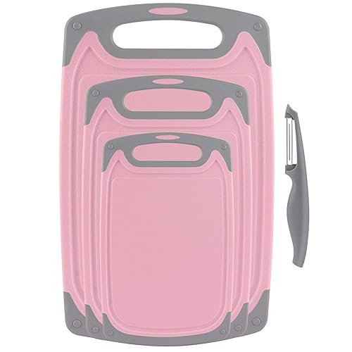 Cutting Boards for Kitchen, Plastic Chopping Board Set of 4 with Non-Slip Feet and Deep Drip Juice Groove, Easy Grip Handle, Dishwasher Safe, BPA Free, Non-porous(Pink/Gray) - Pink