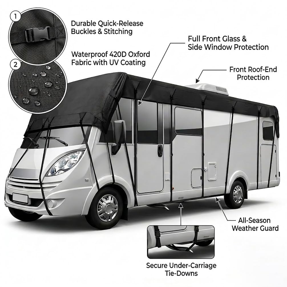 Copritetto Camper Universale in Tessuto Oxford Ultra Resistente, Telo Protezione Tetto Impermeabile 100% per Camper e Caravan, Anti-UV, Antineve e Anti-Muffa,Nero,6.5 * 3M Fits 18to21 ft